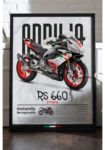 Aprilia Rs 660 Extrema Siyah Ahşap Çerçeveli Poster, Dekoratif Motosiklet Duvar Tablosu Çok Renkli
