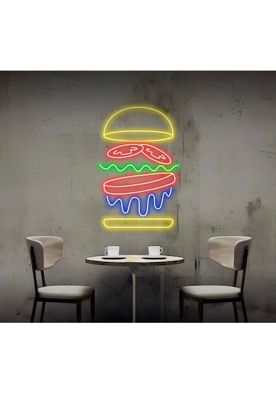 Hamburger Figürlü Neon Tabela Mavi