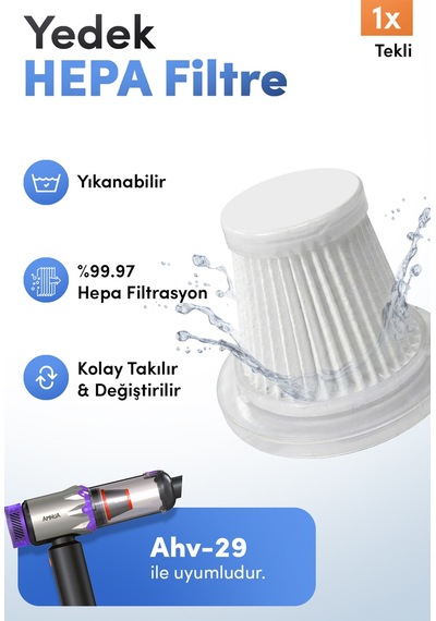 Auhma Ahv-29 Uyumlu Yedek Hepa Filtre Tekli Yıkanabilir Araç Süpürgesi Filtresi %99.97 Filtrasyo Beyaz