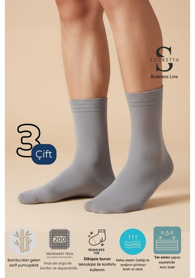 Socketta 3'lü Gri Erkek Business Bambu Dikişsiz Takviyeli İnce Yazlık Soket Çorap - Premium Gri Socketta 3'lü Gri Erkek Business Bambu Dikişsiz Takviyeli İnce Yazlık Soket Çorap - Premium Gri
