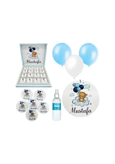 Bebek Doğum Hediyelik Süsleme Seti Çikolata Ahşap Magnet - Kapı Süsü - Kolonya - Balon Mod.10