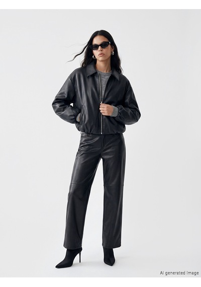 Lcw Vision Siyah Kadın Oversize Bomber Deri Görünümlü Ceket