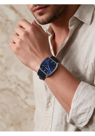 Lee Cooper Lacivert Deri Kayış Mavi Kadran 40 Mm Dikdörtgen Erkek Kol Saati, Bileklik Hediyeli Gümüş