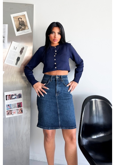 HLT Jeans Kadın Koyu Mavi Yıkamalı Regular Fit Yüksek Bel Orta Boy Likralı Denim Kot Etek Alice-4006