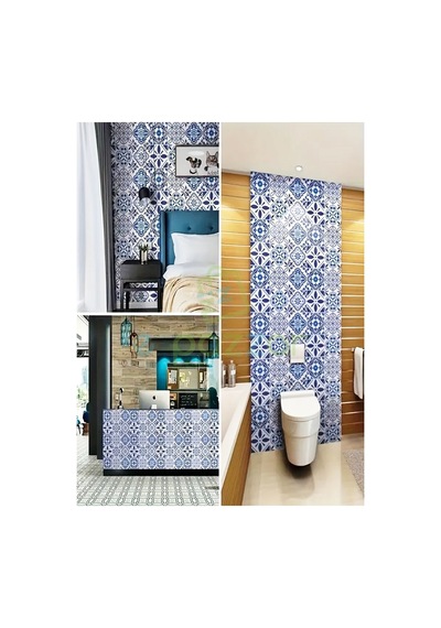 5 Metre X 60 Cm Retro Mavi Çini Desenli Mutfak Banyo Fayans Tezgah Masa Dekorasyon Yapışkanlı Folyo