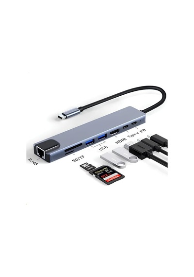Apple Uyumlu MacBook Pro Air Usb Type-c Hub Dönüştürücü Çevirici Çoklayıcı 8 İn 1 Type-c Çıkışlı Çoklu Çevirici Adaptör Ethernet Hdmı Usb Çoklayıcı Sd Tf Kart Okuyucu Usb Hub