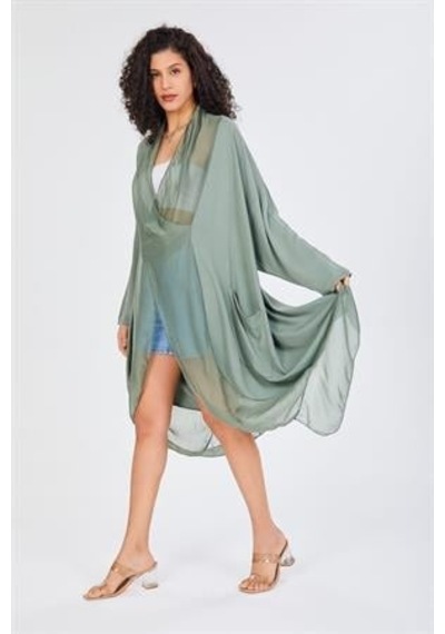 Bohem Stil Italyan Ipek Detaylı Oversize Kaftan & Bluz-8711 Açık Haki
