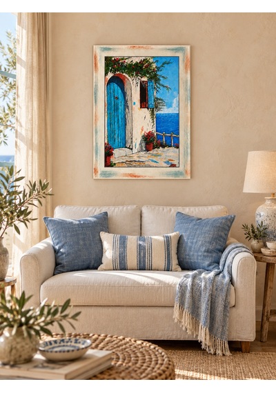 Ahşap Eskitme Yağlı Boya Desenli Sahil Evi Deniz Manzaralı Dekoratif Ahşap Tablo 52x72 Cm