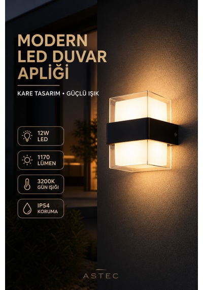 Astec Elektrikli Elit 12w Kare Led Duvar Aplik Suya Toza Dayanıklı 3200k Gün Işığı İç Dış Mekan Balkon Bahçe