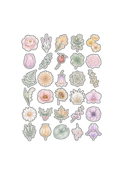 30 Adet Pastel Suluboya Çiçek Sticker Seti - Ajanda Defter Laptop Planner İçin Çok Renkli