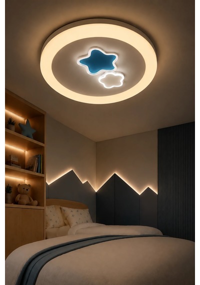 Modern Premium 3 Renkli Ledli Tavan Plafonyer Avizesi Yıldız Desenli 50 Cm Çocuk Odası Şık 100w Beyaz