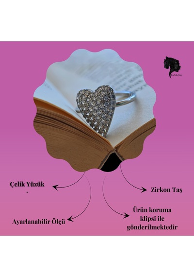Ayarlanabilir Kalp Model Zirkon Taşlı Silver Renk Çelik Yüzük Gümüş