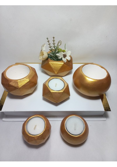 Antiquity Gold Ev Ve Ofis Aksesuarı Sukulent/kaktüs Saksı, Mumluk Set Dekoratif Obje 6 Parça Gold