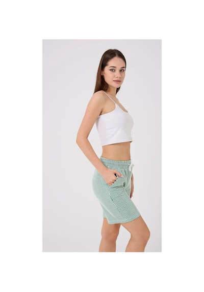 Thiff Gymwear Yandan Cepli Beli Bağcıklı Su Yolu Kadın Çizgili Şort Yeşil