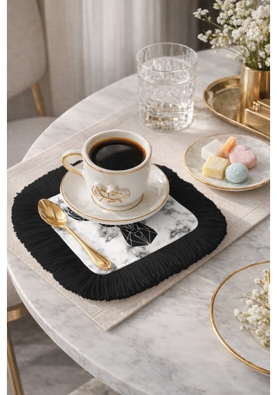 Geometrik Geyik Desenli Saçaklı Sunum Peçetesi - Monokrom Modern Siyah Saçak Bardak Altlığı Mendil Yosunlu Koyu Bej Geometrik Geyik Desenli Saçaklı Sunum Peçetesi - Monokrom Modern Siyah Saçak Bardak Altlığı Mendil Yosunlu Koyu Bej