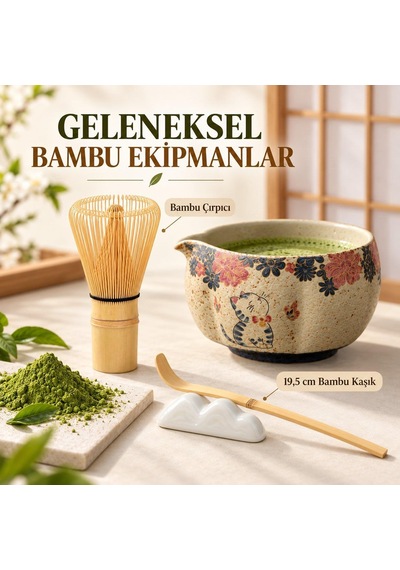 Valkyrie Kedili 6 Parça Matcha Seti Chasen Çırpıcı Chawan Kase Chashaku Kaşık Stand Ve Süzgeç Krem