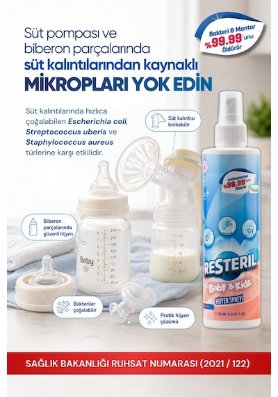 Resteril Biberon Temizleyici Alkolsüz Durulanmayan Saf Hipokloröz Biberon Sterilizatör Emzik Süt Pompası Hijyen Spreyi Bebek Dezenfektan Sprey Baby Kids 200 ML
