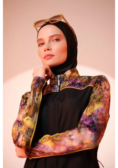 Alfasa Kolları Desenli Tam Kaplı Tesettür Mayo 25416 Siyah09 Siyah