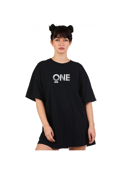 One T-shirt - Siyah Baskılı Oversize Bisiklet Yaka Kısa Kol Tişört Siyah