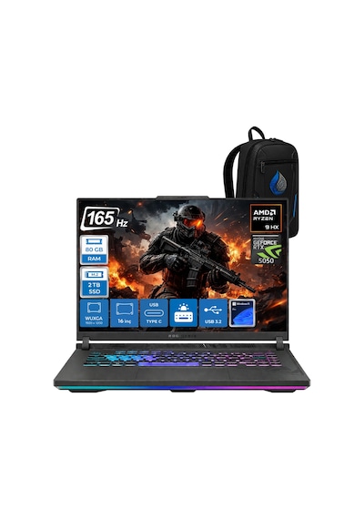 Asus Rog Strix G16 G614PH-RV036RNP27 Ryzen 9-8940HX 80 GB 2 TB SSD 8 GB RTX5050 16" W11P Dizüstü Bilgisayar + Çanta