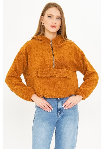 Armonika Kadın Camel Kapüşonlu Cep Kapaklı Peluş Sweatshirt Arm-25k001090