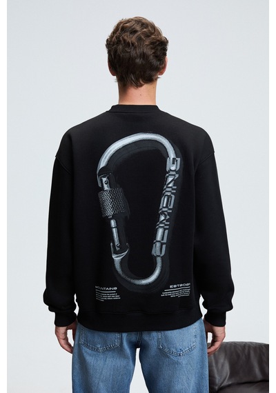 Grimelange ALDEN Erkek Yuvarlak Yaka Göğsü Ve Sırtı Baskılı Relaxed Fit Siyah Sweatshirt