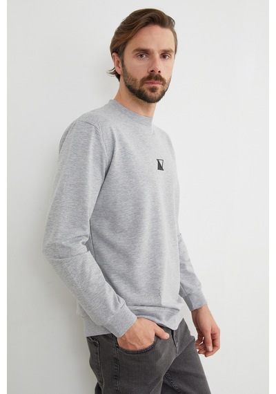 Fullamoda Üçgen Baskılı Bisiklet Yaka Sweatshirt Gri Melanj