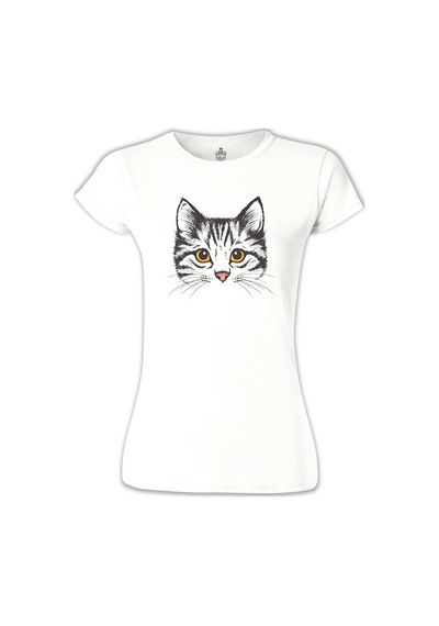 Lord Tshirt Kedi - Yüz Beyaz Kadın Tshirt 001