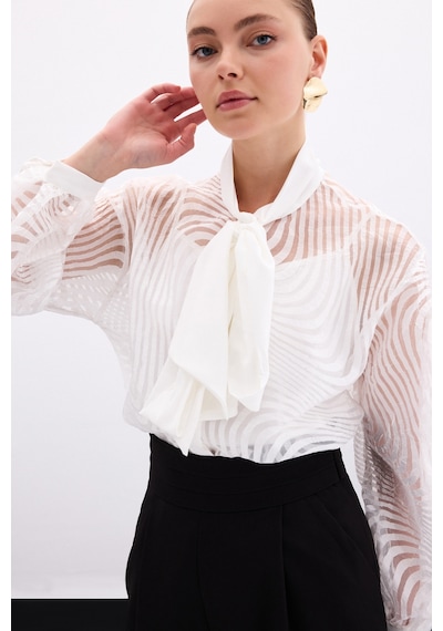 Sateen Fularlı Zebra Desenli Gömlek - Ekru-136000 Ekru