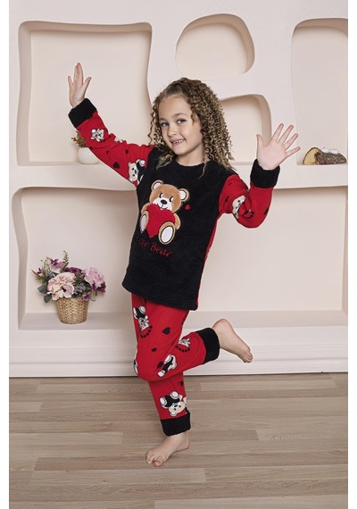 Yeni Sezon Sonbahar / Kış Kız Çocuk Ayıcık Desenli Polar Pijama Takımı 4940 - Siyah