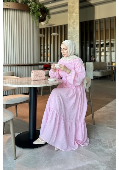Stilkusagi Kadın Pembe Yaka Fırfırlı Bel Bağlamalı Elbise