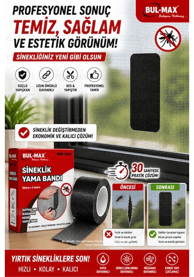 Sineklik Yama Bandı 50 Mm X 2 Metre Güçlü Yapışkanlı Sineklik Tamir Bandı Kes Yapıştır Fiber File On