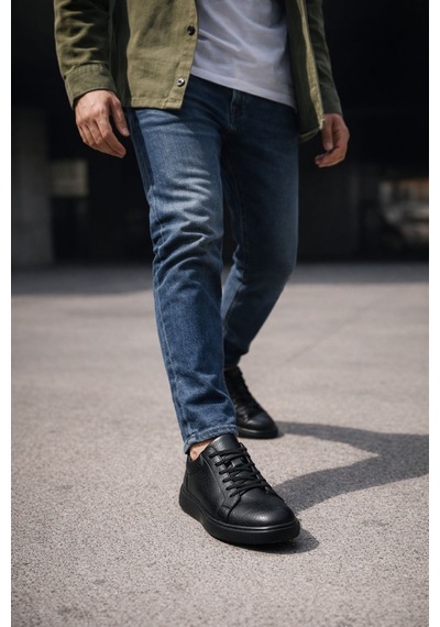 Muggo Leons Hakiki Deri Erkek Kalın Taban Bağcıklı Günlük Casual Sneaker Siyah