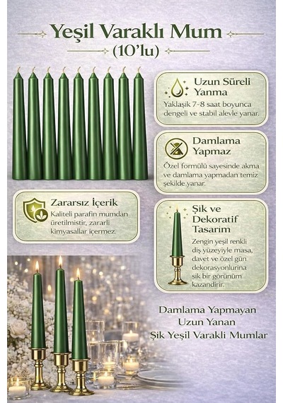 Yeşil Renk İnce Şamdan Mum Seti, 25 Cm Uzunluk, 10 Lu Paket, Dekoratif Taper Dilek Mum, Şık M
