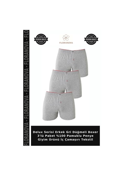 Floranova Delux Serisi Erkek Gri Düğmeli Boxer 3'lü Paket %100 Pamuklu Penye Giyim Ürünü İç Çamaşırı Tekstil