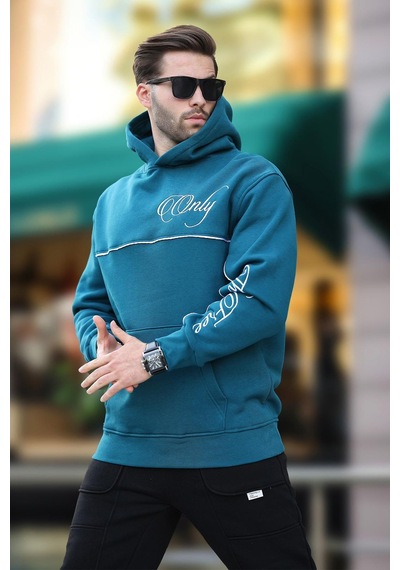 Madmext Petrol Mavisi Kapüşonlu Şerit Detaylı Baskılı Erkek Sweatshirt 7091 Petrol Mavisi