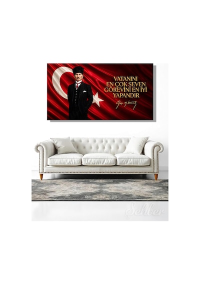 Türk Bayrağı Motifi Gazi Mustafa Kemal Atatürk Portresi Ve Bir Özlü Sözü Yatay Kanvas Tablo 4170 Çok Renkli