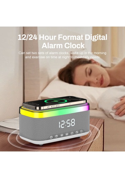 Kablosuz Bluetooth Hoparlör - Üstten Telefon Şarj Özellikli, Rgb Tasarım, Alarm & Saat Göstergeli