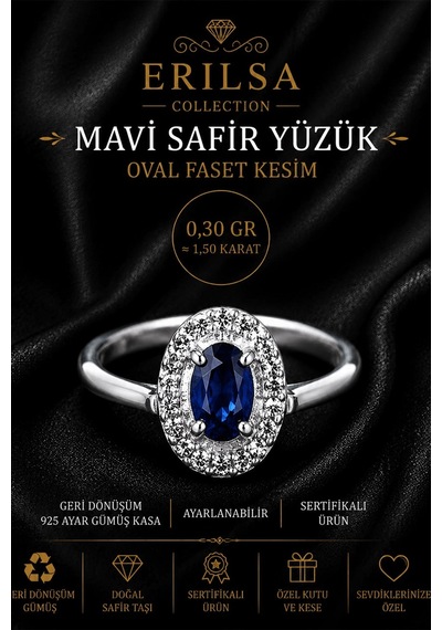 Sertifikalı Mavi Safir Taşlı Ayarlamalı Geri Dönüşüm Gümüş Kasa O Çok Renkli