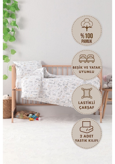 Baby %100 Pamuk Happy Bebek Nevresim Takımı - Beyaz
