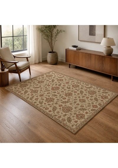 Kartela Halı Madalyonsuz Vintage İran Desenli Halı Bej Kaymaz Taban Makinede Yıkanabilir 200x300 Cm