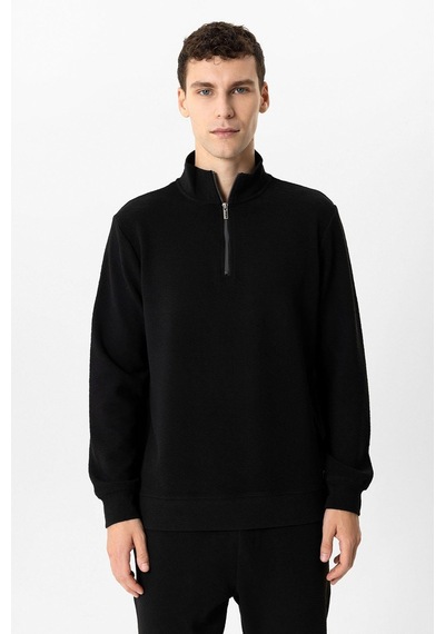 Backandbond Siyah Regular Fit Dik Yaka Yarım Fermuarlı Sweatshirt