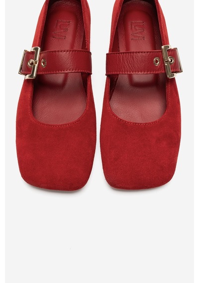 Luvi Shoes Jonas Kırmızı Süet Hakiki Deri Kemerli Kadın Babet Ayakkabı