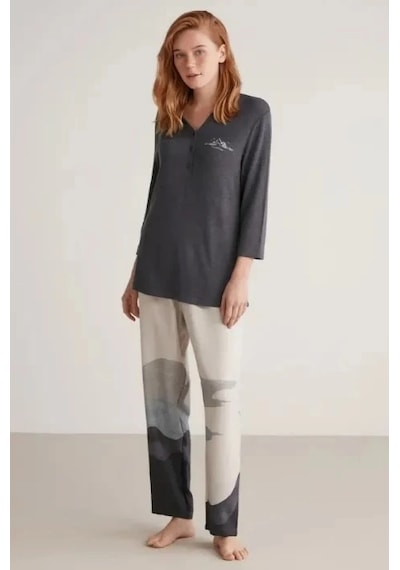 Kadın Patlı V Yaka Uzun Kollu Pijama Takımı Lacivert