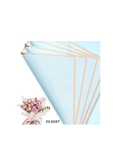 Çiçek Buket Kağıdı, Altın Kenarlı Çiçek Ambalaj Kağıdı, Mat Opp 58x58 Cm - 20 Adet, Bulut Mavisi