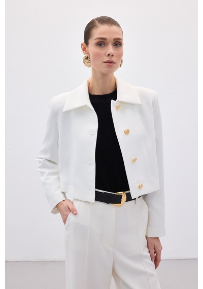 Sateen Düğmeli Kısa Ceket - Ekru-136591 Ekru