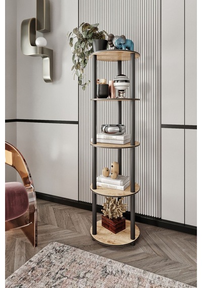 Dekoratif Masivo Kitaplık 5 Katlı 34 Çap Yuvarlak Çok Amaçlı Raf Meşe