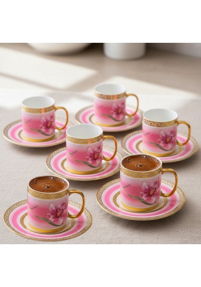 Tulip Pembe Renk Çiçek Figürlü 6 Kişilik Porselen Kahve Fincan Takımı 90 Ml. Pembe