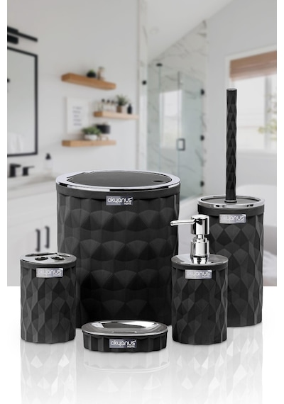 Okyanus Home Diamond Siyah Kromlu Click Kapak Banyo Seti 5'li Siyah