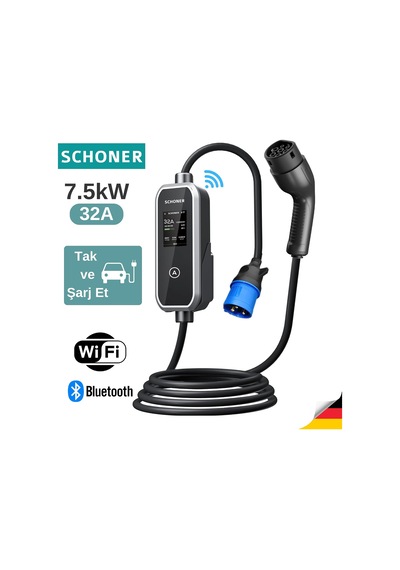 7.5kw Taşınabilir Elektrikli Araç Şarj Istasyonu -tak Ve Şarj Et- Wi-fi/bluetooth Smart 5 Metre Tip2 Kablolu